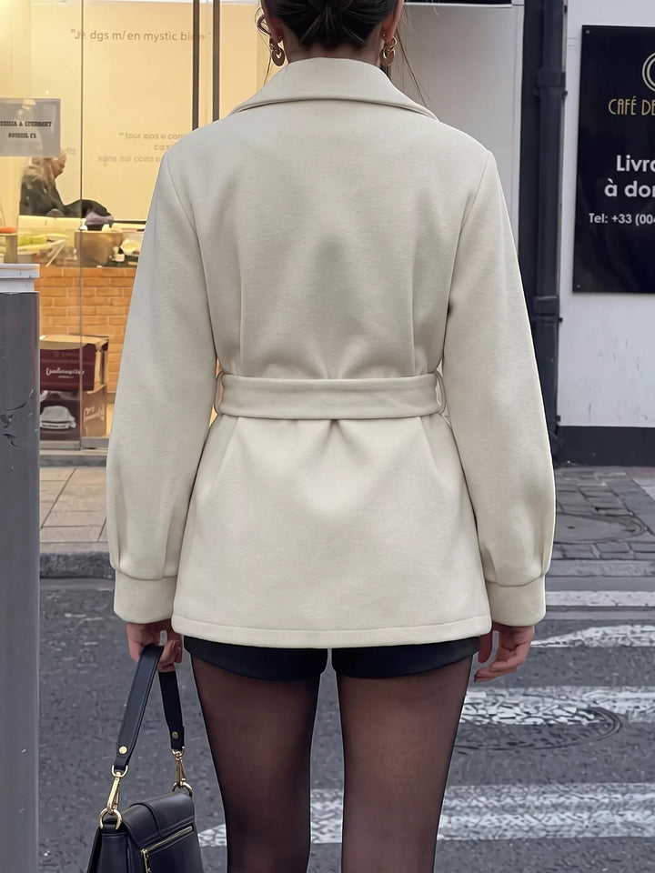 Belted notch lapel short coat with flap pockets