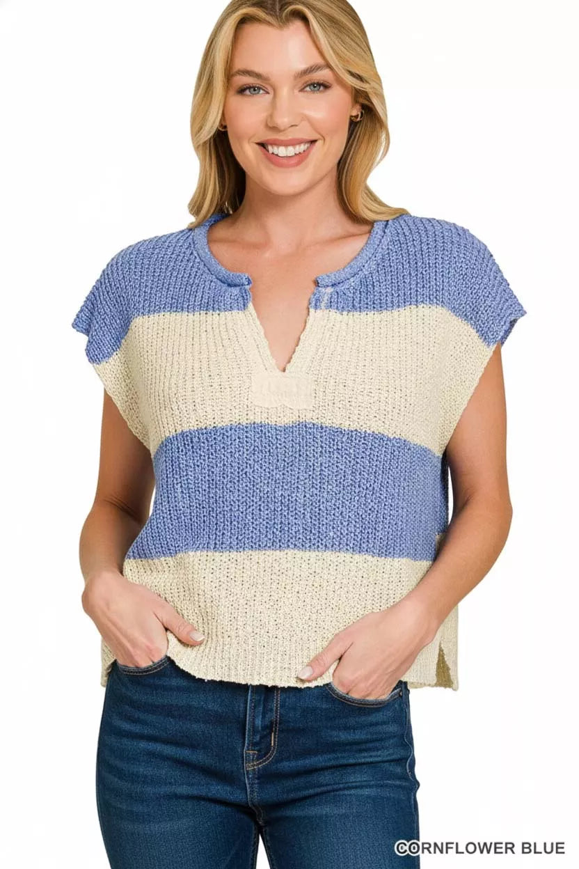Striped split-neck short sleeve knit sweater