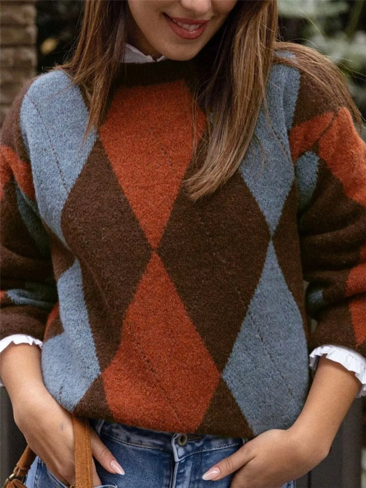 Argyle diamond knit round neck pullover sweater