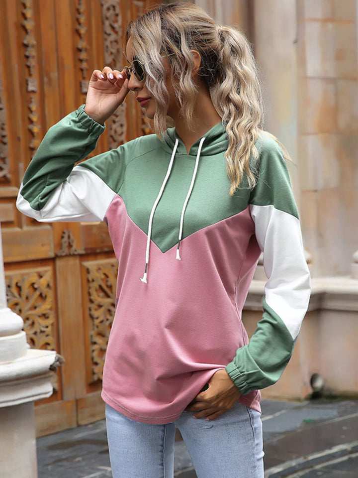Pink Color block drawstring hoodie with contrast sleeves