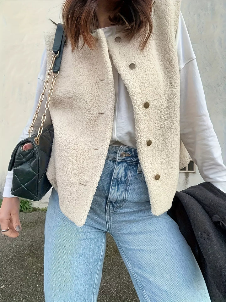 Collarless sherpa fleece vest with button front