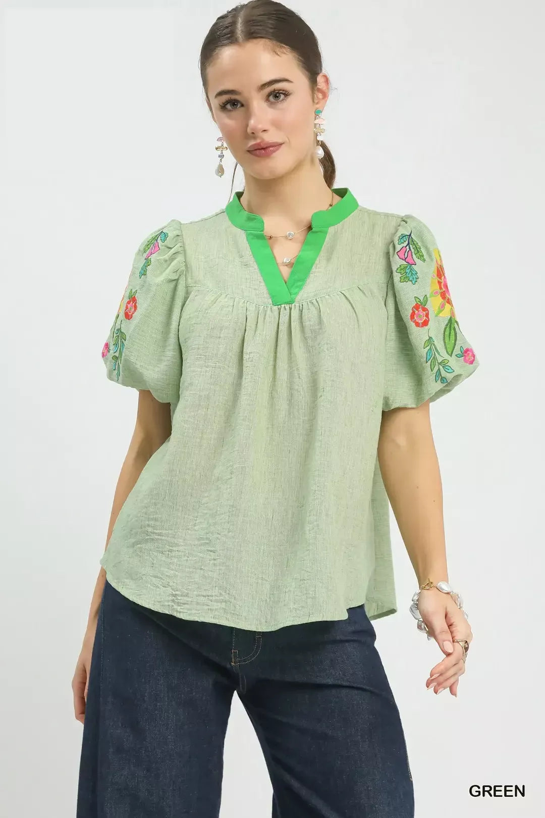 GREEN Floral embroidered puff sleeve top with split V-neck