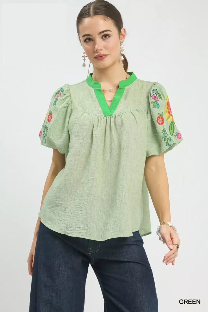 GREEN Floral embroidered puff sleeve top with split V-neck