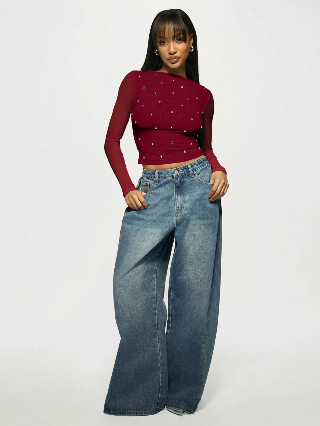 Sheer mesh rhinestone long sleeve crop top