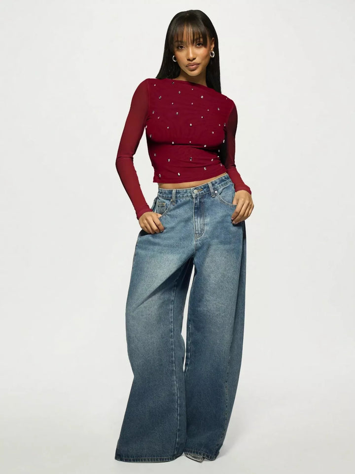 Sheer mesh rhinestone long sleeve crop top
