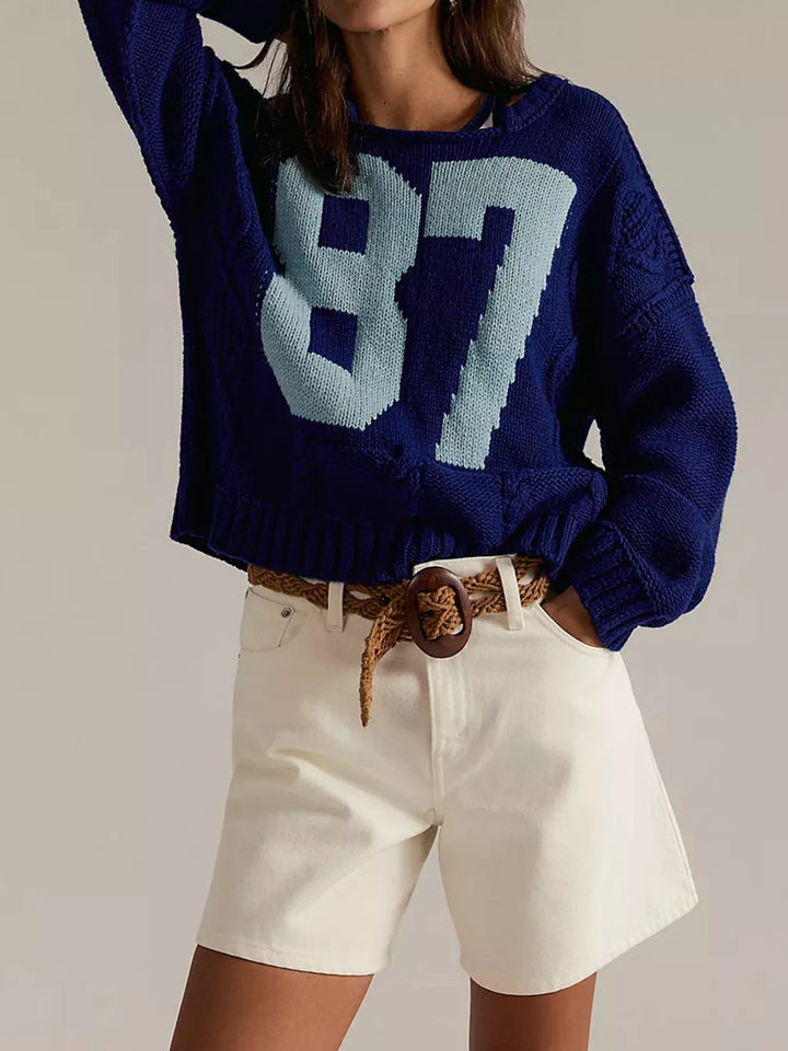 Dark Blue Varsity 87 cable-knit crew neck pullover sweater