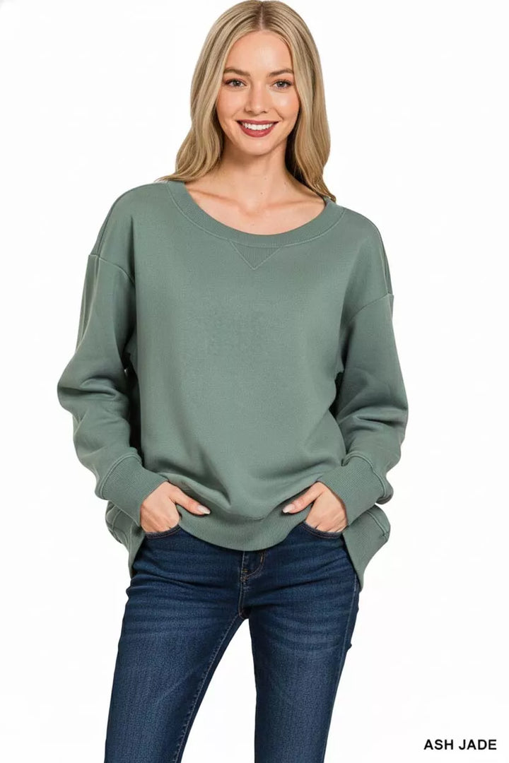 Relaxed fleece boat neck sweatshirt with ribbed trim