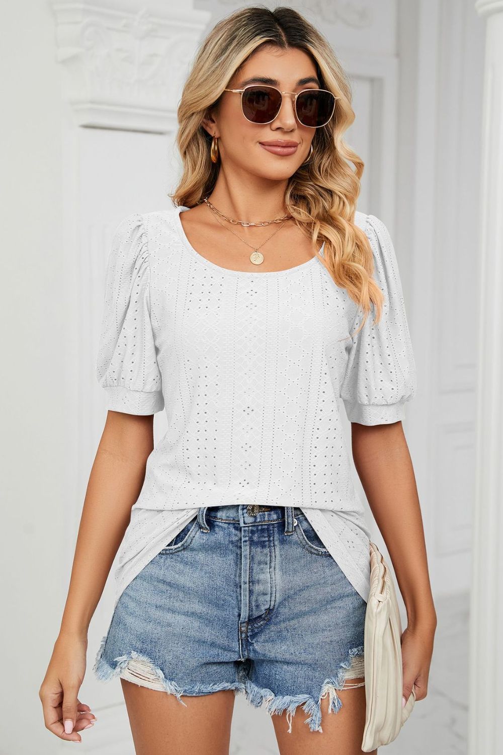 White Eyelet puff sleeve top with scoop neckline