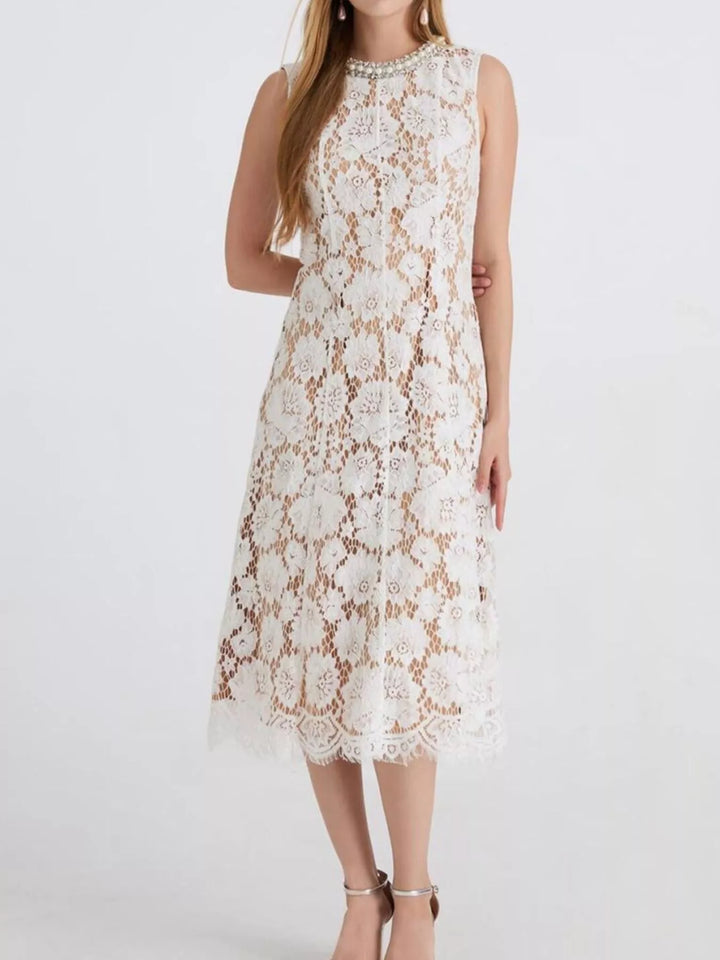 Sleeveless floral lace midi dress with pearl neckline