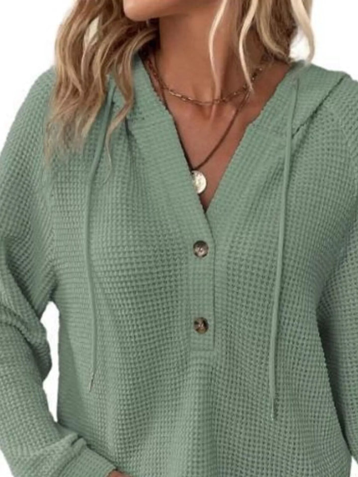 Button-detail waffle knit hoodie with drawstring hood