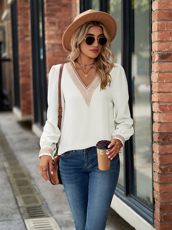 White Crochet lace-trim V-neck long sleeve blouse