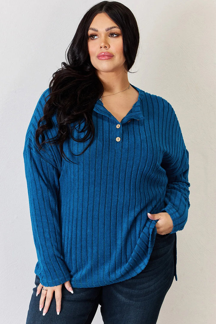 Ribbed knit half-button long sleeve high-low top