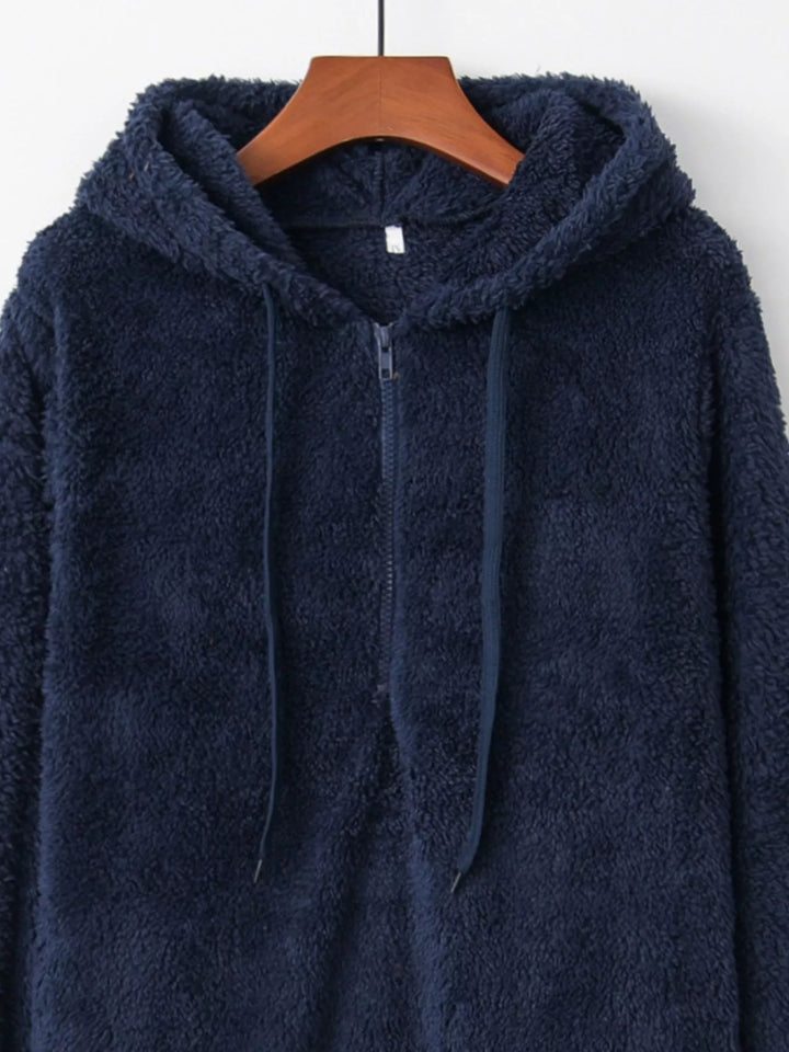 Plush half-zip fleece hoodie with drawstring hood and pockets