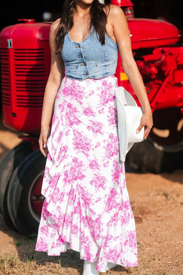 High-waist floral maxi skirt with ruffle and front slit