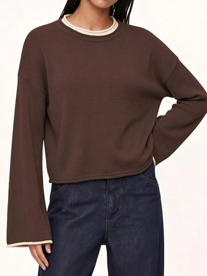 Drop shoulder crew neck sweater with contrast trim