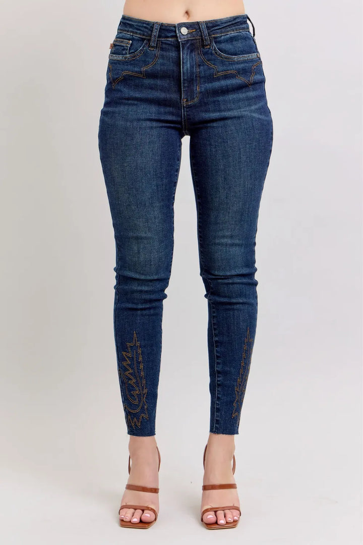 Dark Judy Blue embroidered high-rise skinny jeans