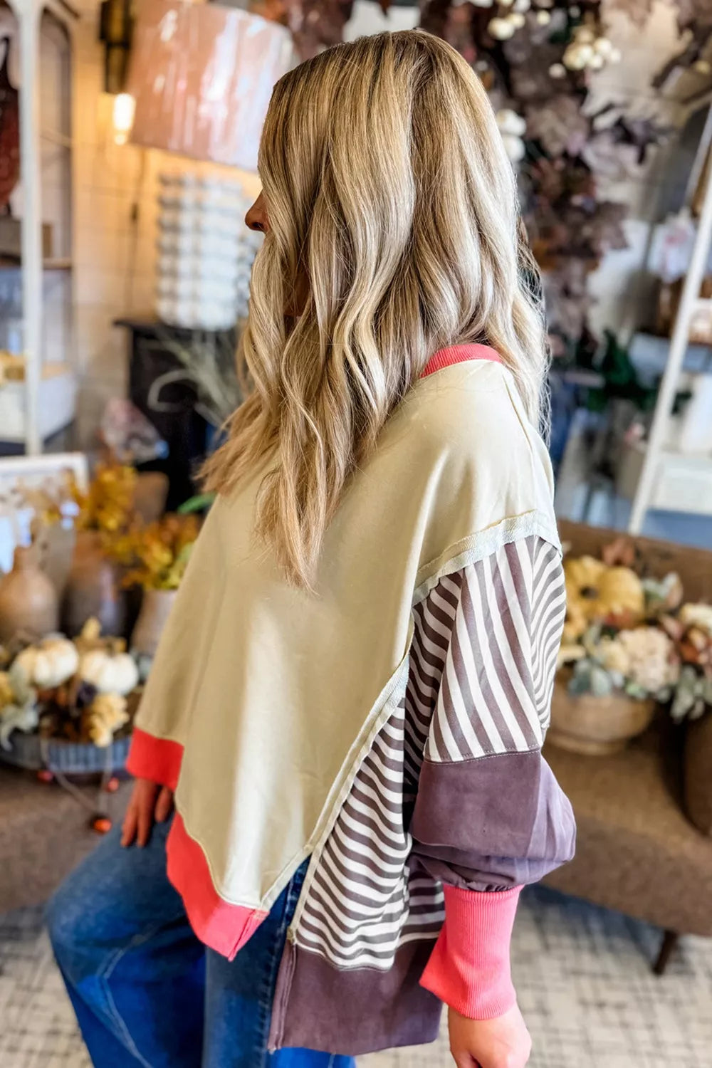 Color block striped dolman sweatshirt with side slit