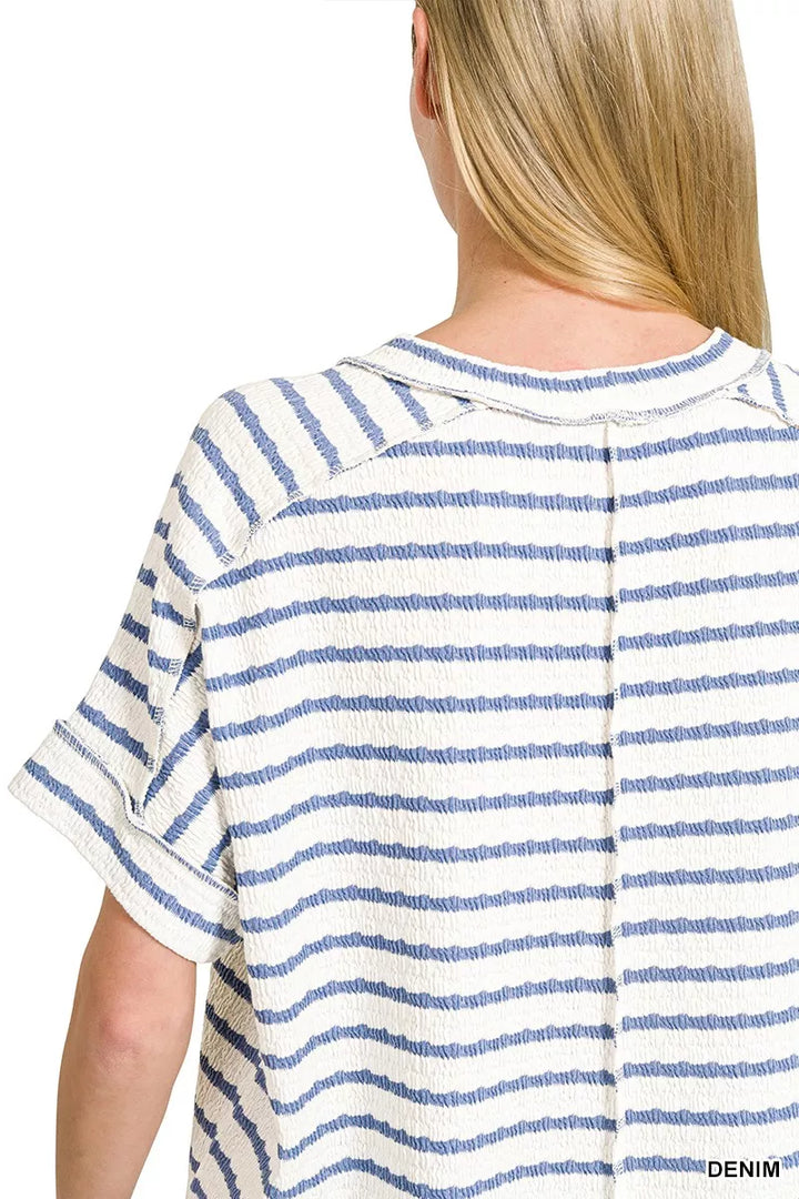 Textured stripe jacquard round neck tee with cuffed sleeves