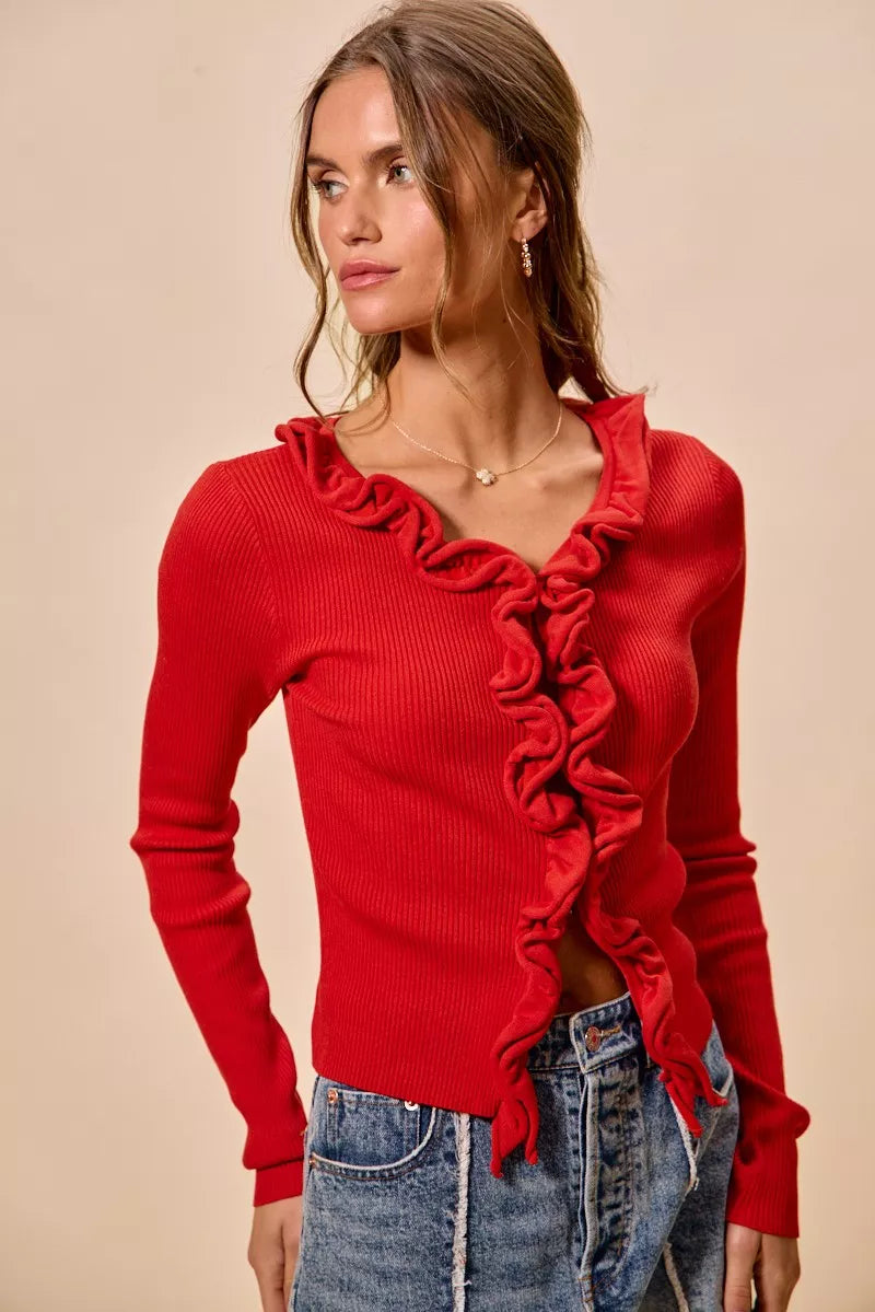 Ribbed knit cardigan with cascade ruffle trim