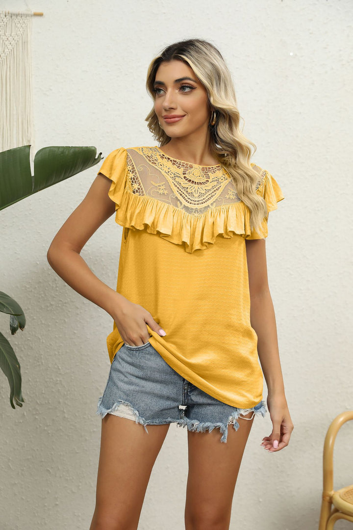 Crochet lace yoke flutter sleeve ruffle blouse