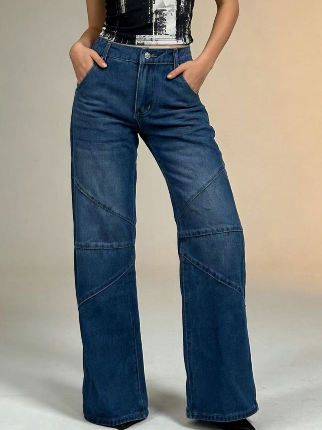 Vintage wash high-rise wide leg jeans with paneled seams