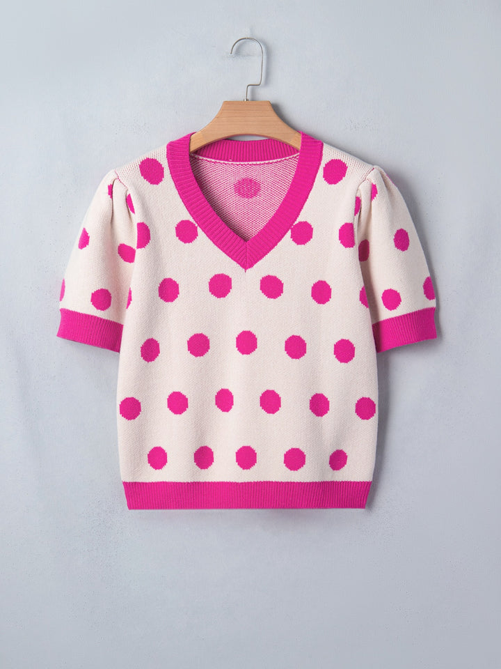 Polka dot puff sleeve V-neck sweater top