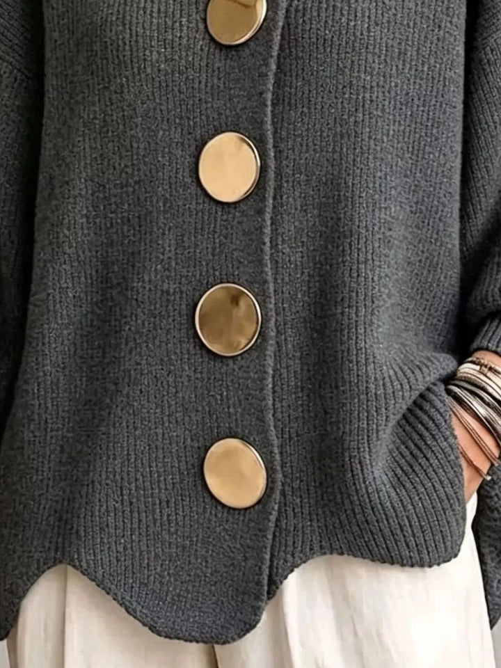 Oversized gold button ribbed knit collared cardigan