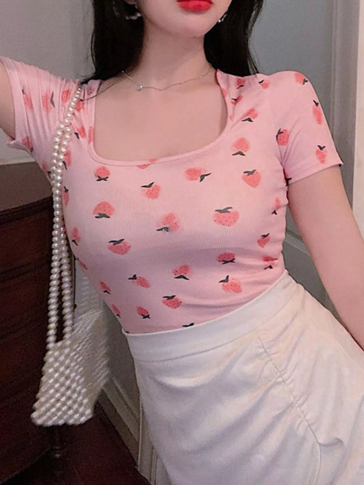 All-over fruit print square-neck crop top