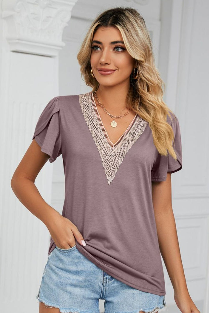 Mauve Contrast crochet trim petal sleeve V-neck top