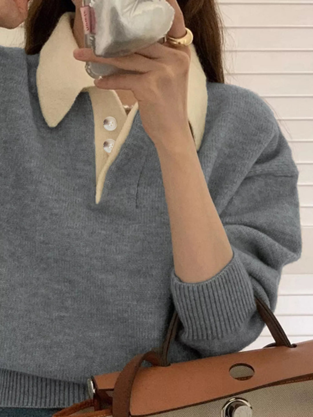 Contrast collar dropped-shoulder knit polo sweater