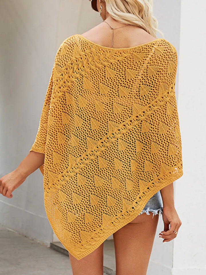 Openwork knit poncho cover-up with boat neck and pointed hem