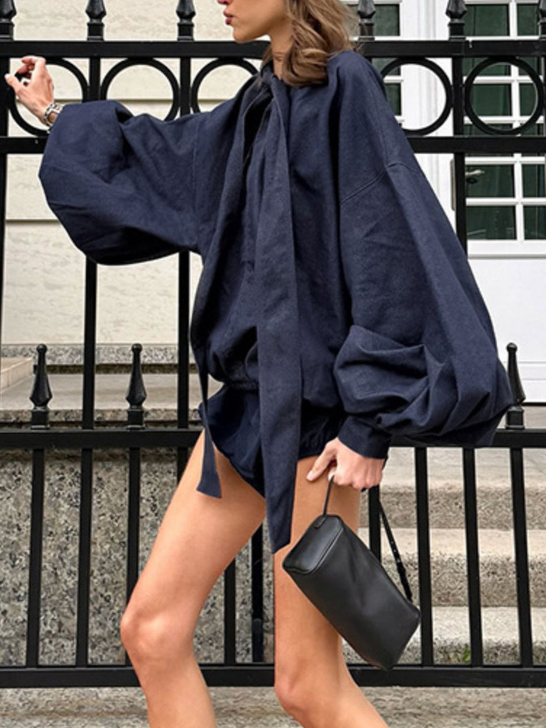 Oversized tie-front denim balloon-sleeve top and shorts set