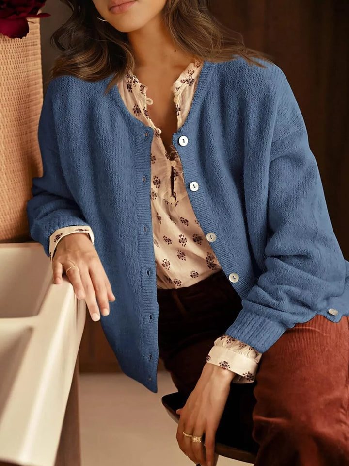 Button-front dropped shoulder knit cardigan