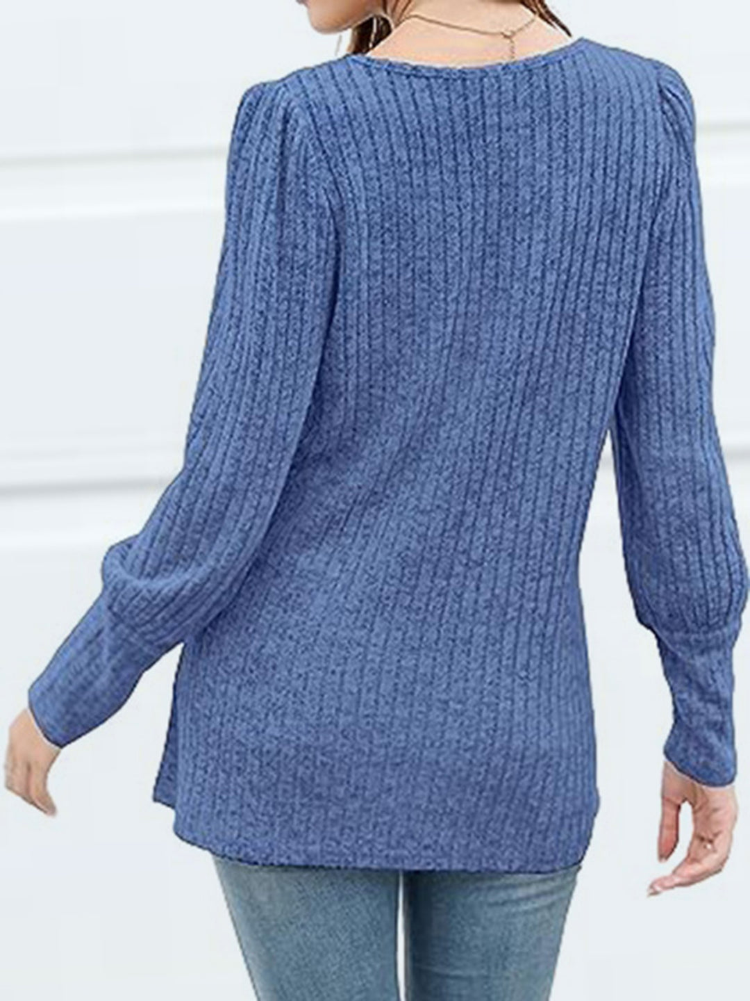 Ribbed knit square neck top with decorative buttons