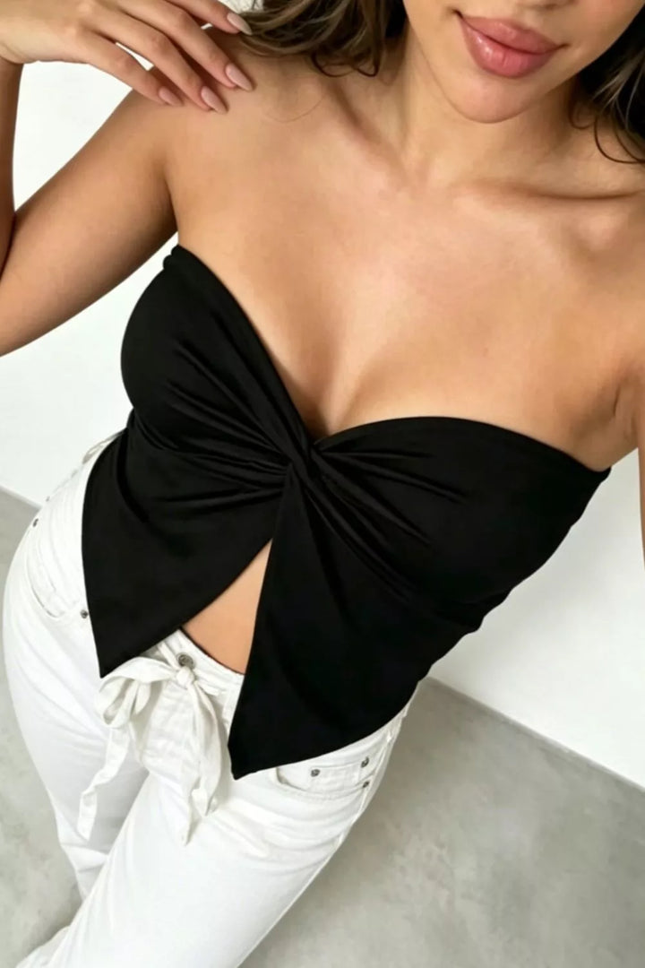 Twist front strapless tube top with split hem