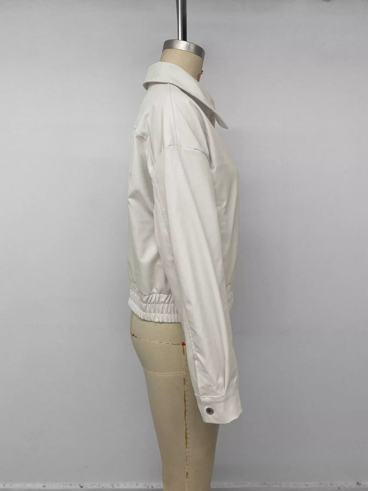 Cropped faux leather bomber jacket with collar and zip front