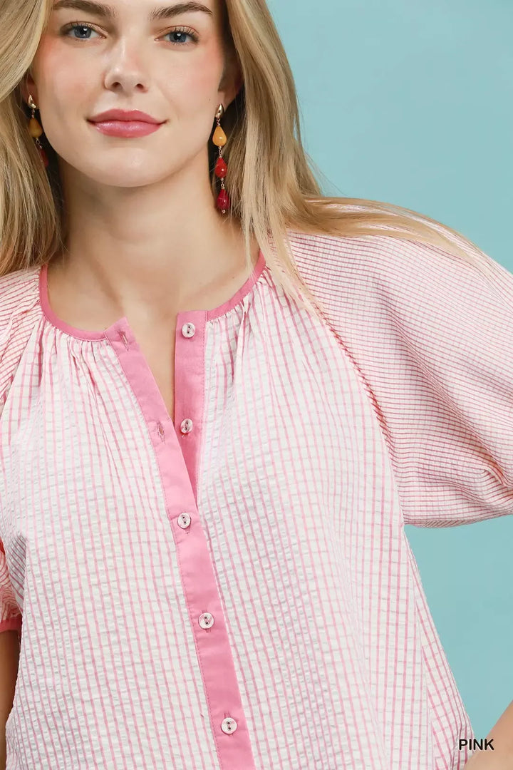 Checker puff sleeve button-front blouse with contrast trim