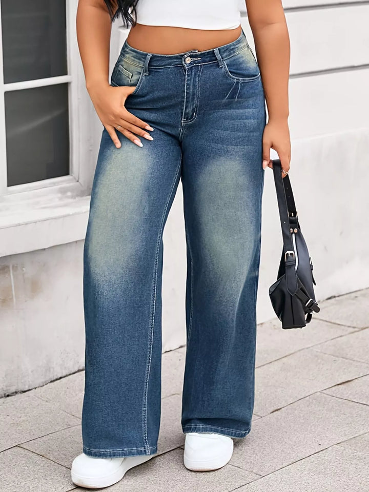 Blue Plus size high-rise vintage wash wide leg jeans