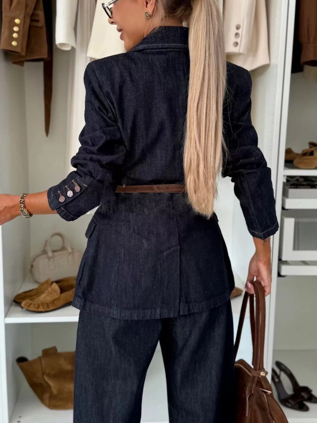 Single-breasted washed denim blazer with flap pockets