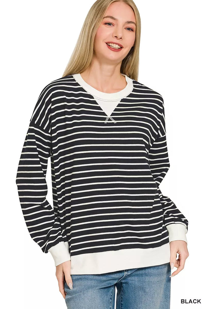 BLACK Striped crewneck pullover with contrast ribbed trim