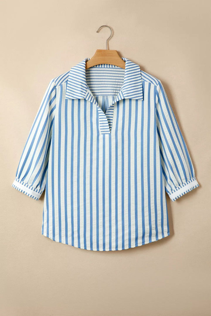 Striped seersucker collared blouse with 3/4 sleeves