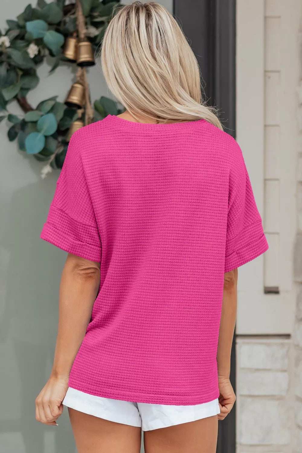Waffle knit V-neck tee with cuffed short sleeves