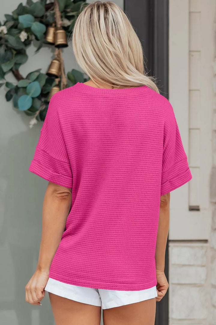 Waffle knit V-neck tee with cuffed short sleeves