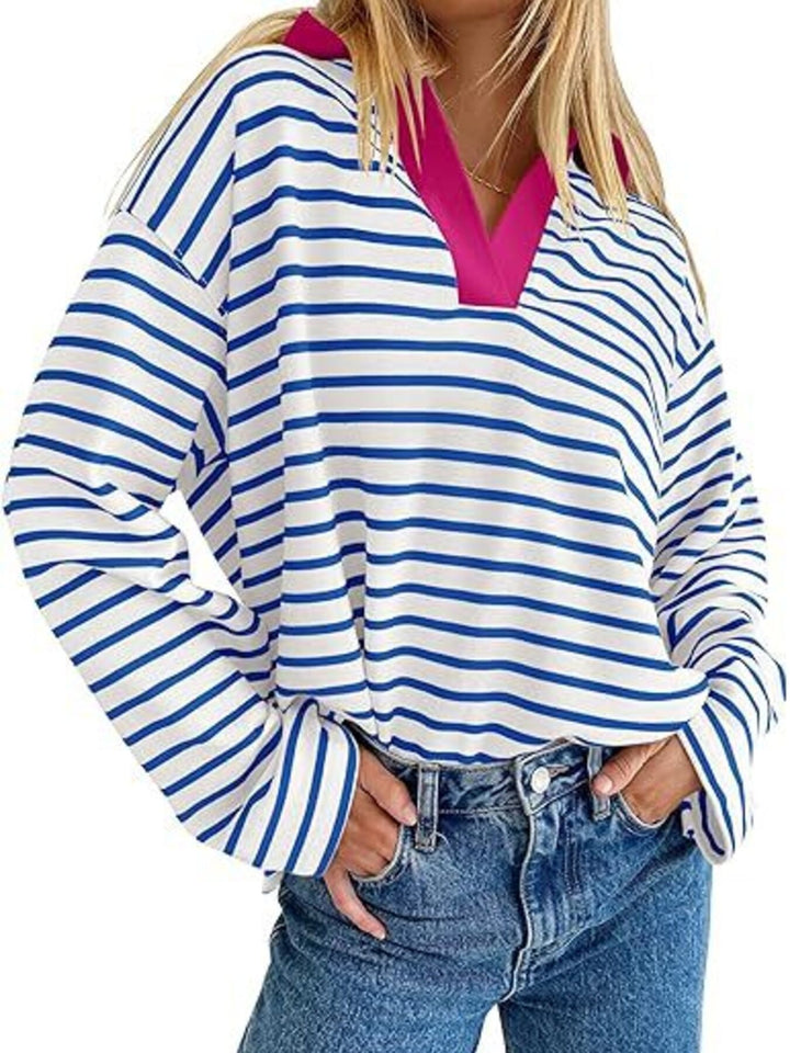Blue Striped oversized long sleeve top with contrast collar