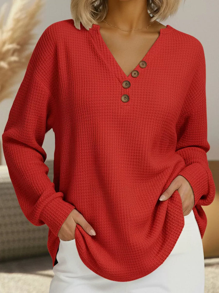 Red Waffle knit henley top with V-neck button placket