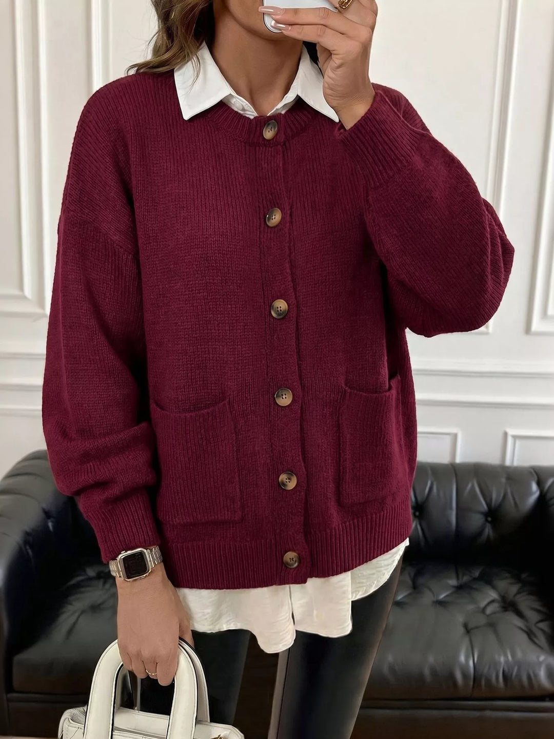 Wine Red Button-front drop shoulder knit cardigan with patch pockets