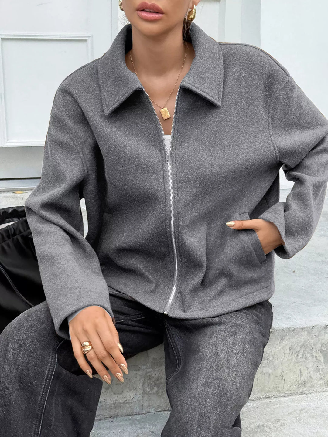 Zip-up dropped shoulder jacket with collar