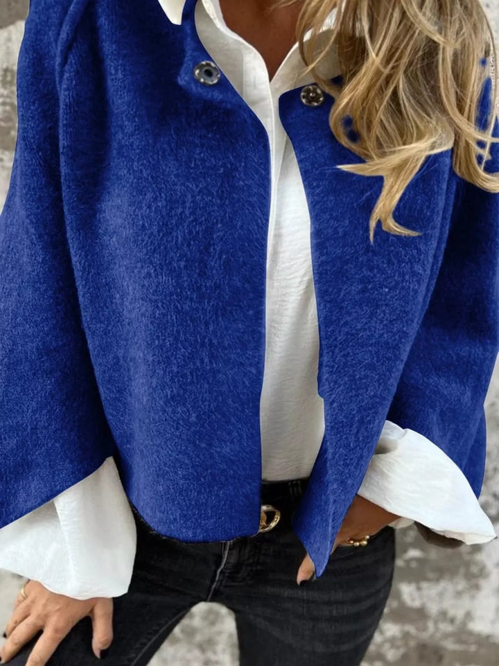 Blue Dropped shoulder fuzzy knit button-front cardigan