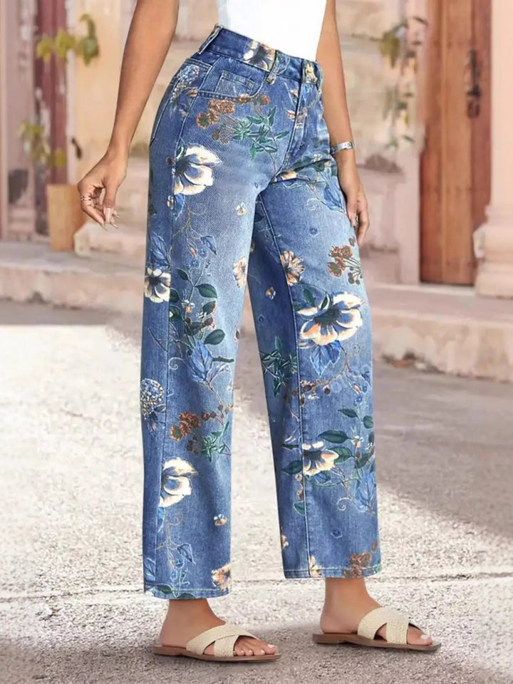 High-rise wide-leg jeans with floral print
