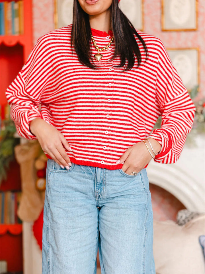 Striped button-down knit cardigan with relaxed sleeves